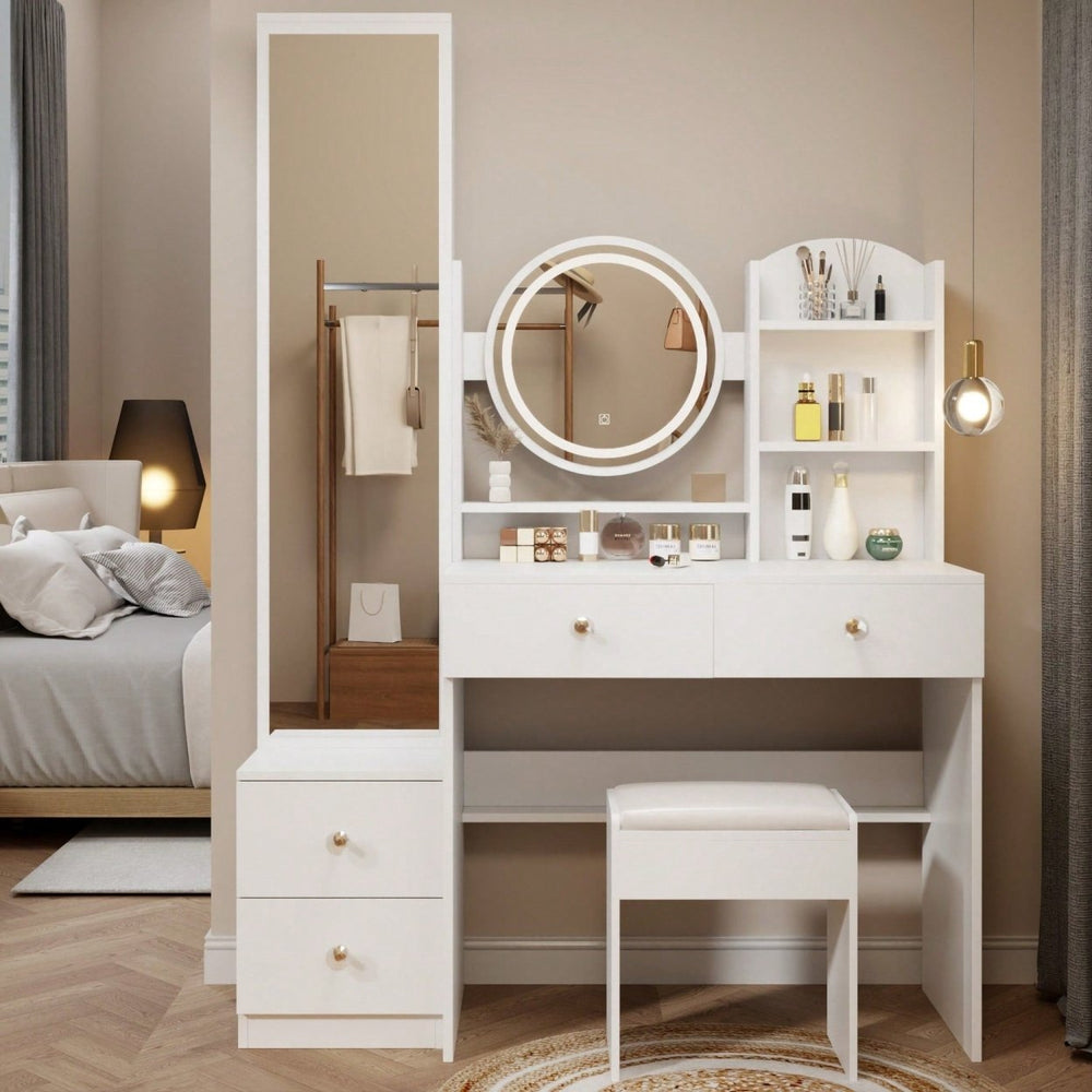 Elegant Full Length Mirror Cabinet with LED Vanity Light Adjustable Brightness Cushioned Stool Multi-Storage Solutions Image 2