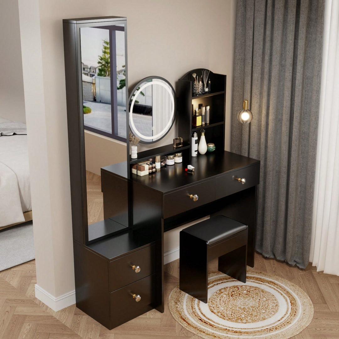 Elegant Full Length Mirror Cabinet with LED Vanity Light Adjustable Brightness Cushioned Stool Multi-Storage Solutions Image 3