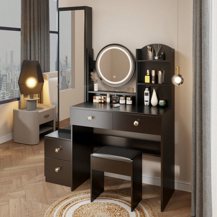 Elegant Full Length Mirror Cabinet with LED Vanity Light Adjustable Brightness Cushioned Stool Multi-Storage Solutions Image 4