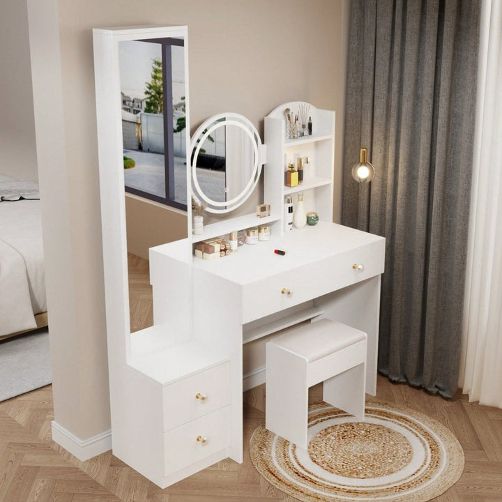 Elegant Full Length Mirror Cabinet with LED Vanity Light Adjustable Brightness Cushioned Stool Multi-Storage Solutions Image 9