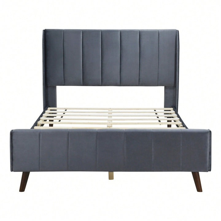 Elegant Full-Size Velvet Upholstered Platform Bed In Gray - Stylish Comfort For Any Bedroom Image 3