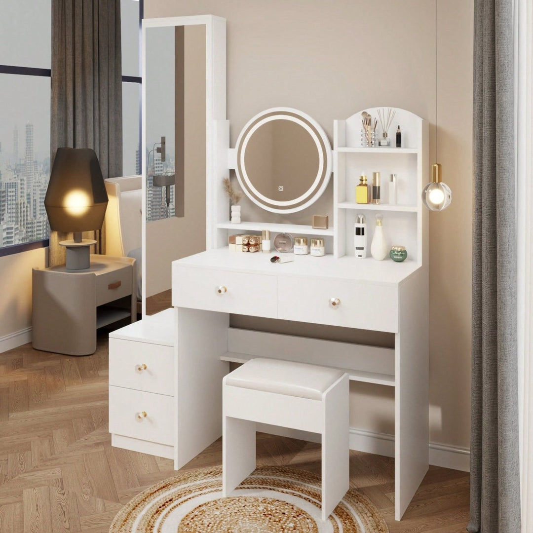 Elegant Full Length Mirror Cabinet with LED Vanity Light Adjustable Brightness Cushioned Stool Multi-Storage Solutions Image 10