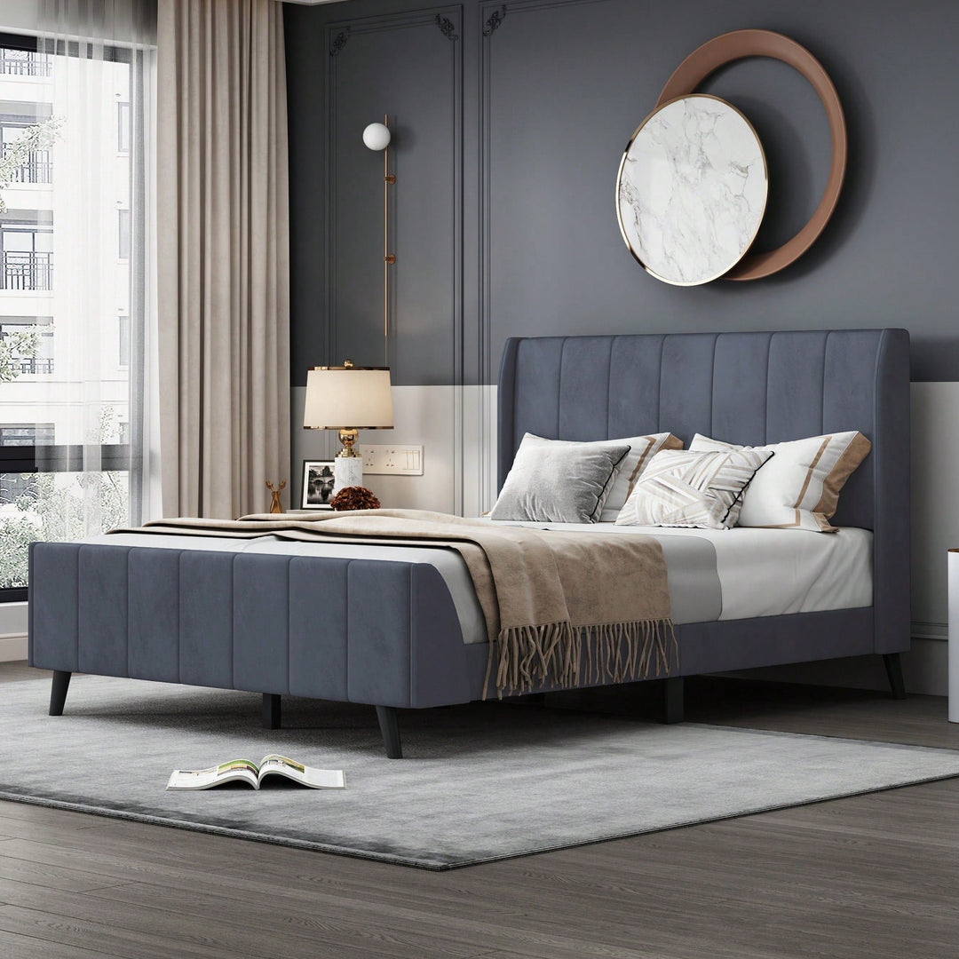 Elegant Full-Size Velvet Upholstered Platform Bed In Gray - Stylish Comfort For Any Bedroom Image 8