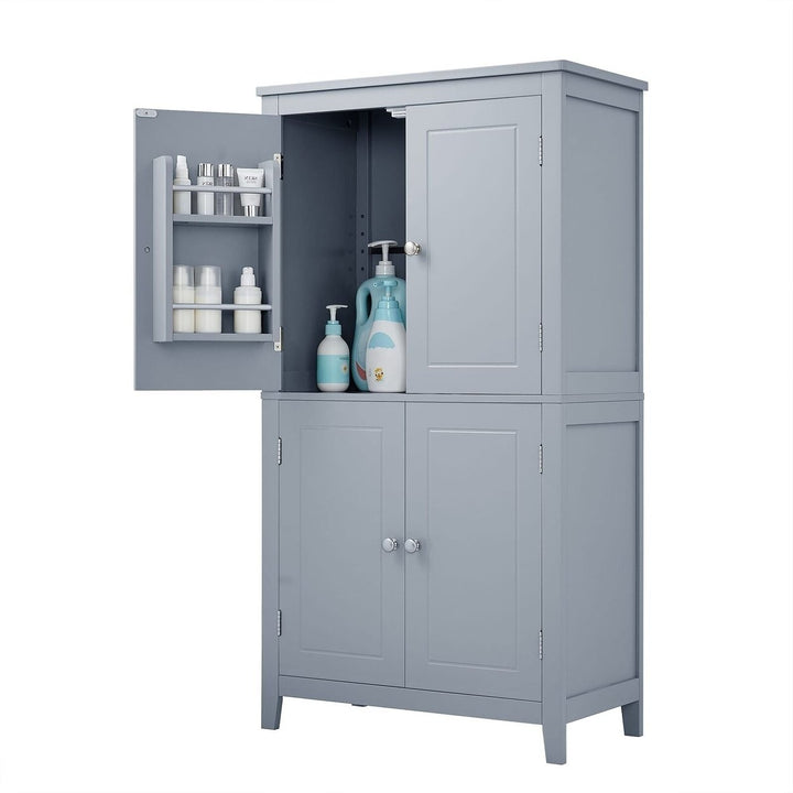 Elegant Grey Bathroom Floor Storage Cabinet with 4 Doors and Adjustable Shelves Image 1