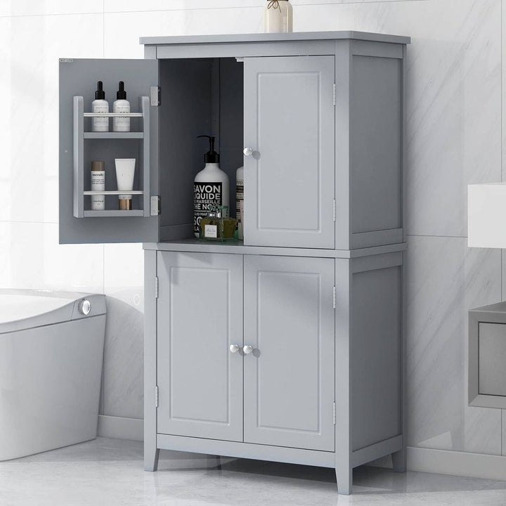 Elegant Grey Bathroom Floor Storage Cabinet with 4 Doors and Adjustable Shelves Image 2