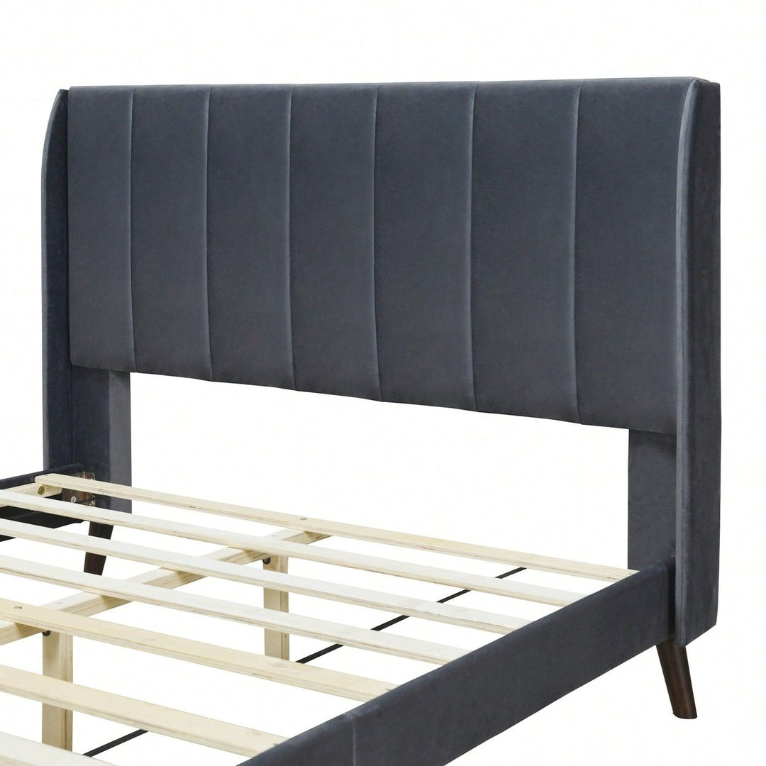 Elegant Full-Size Velvet Upholstered Platform Bed In Gray - Stylish Comfort For Any Bedroom Image 10