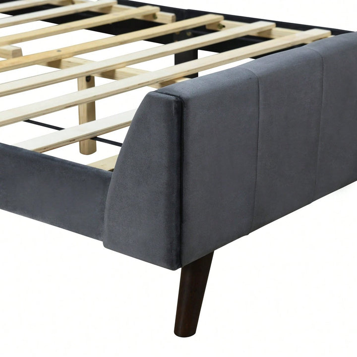 Elegant Full-Size Velvet Upholstered Platform Bed In Gray - Stylish Comfort For Any Bedroom Image 12