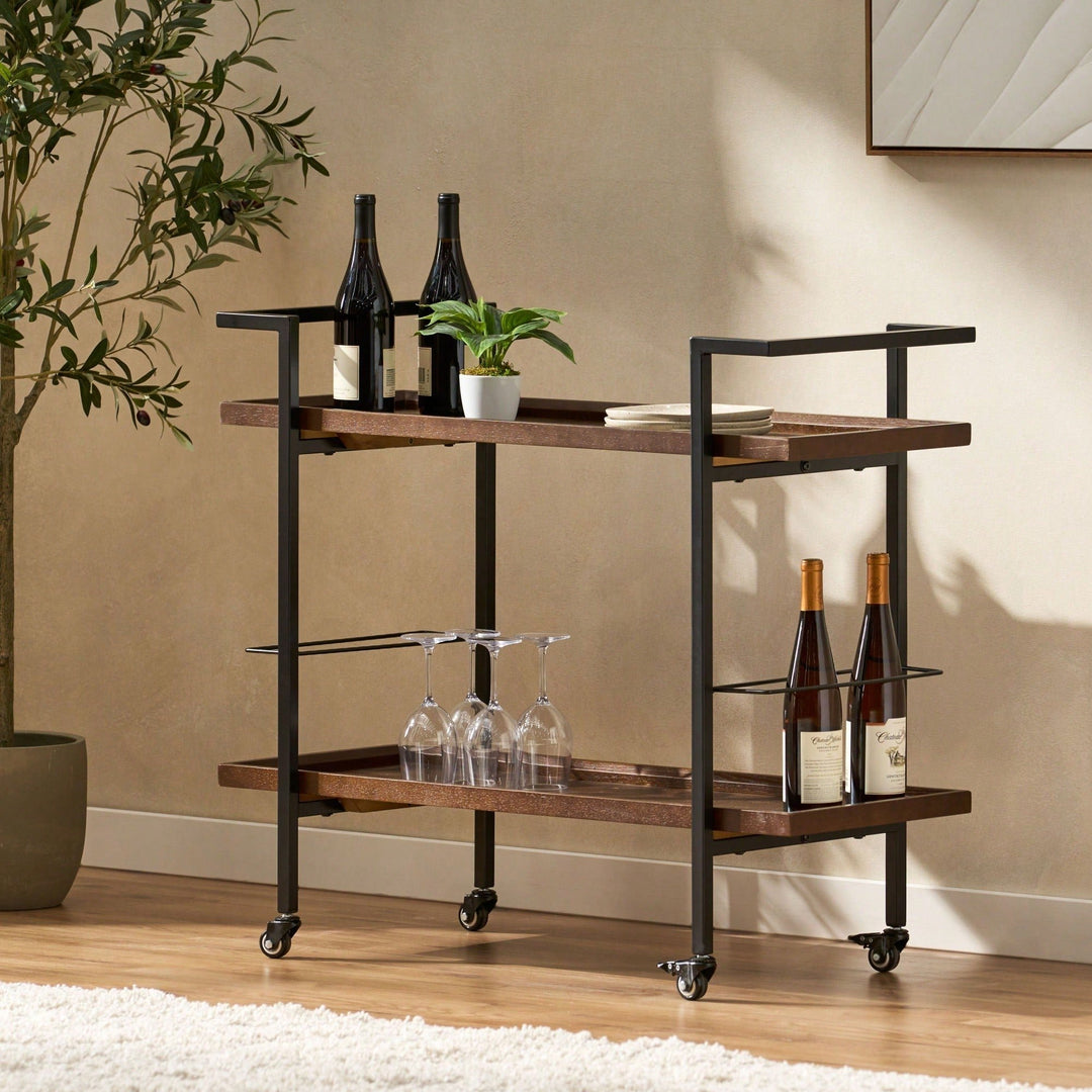 Elegant Multi-Tiered Bar Cart With Stylish Wheels For Entertaining And Serving Drinks Image 8