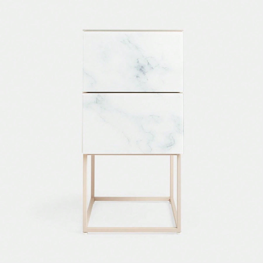 Elegant Pink and White Marble Nightstand with 2 Drawers and Tempered Glass Top for Bedroom and Living Room Image 1