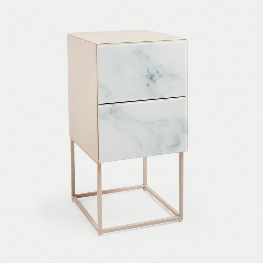 Elegant Pink and White Marble Nightstand with 2 Drawers and Tempered Glass Top for Bedroom and Living Room Image 2