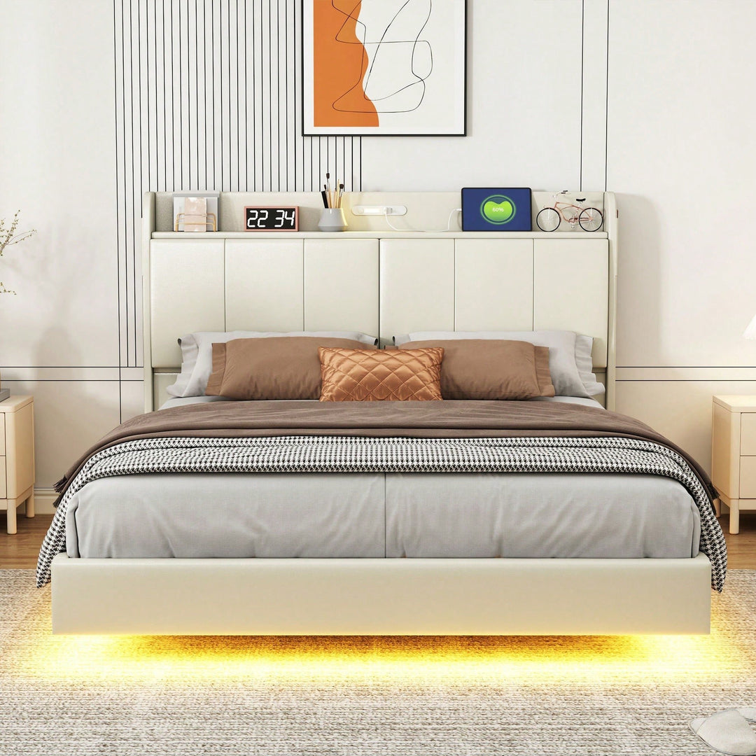 Elegant Queen Size Upholstered Floating Bed Frame With Storage Headboard, Touch Sensor Night Light and USB Charger In Image 8