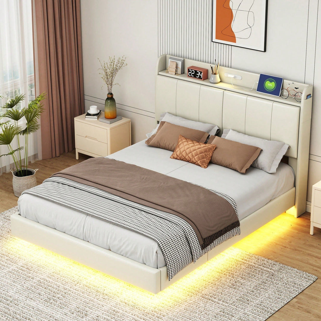 Elegant Queen Size Upholstered Floating Bed Frame With Storage Headboard, Touch Sensor Night Light and USB Charger In Image 9