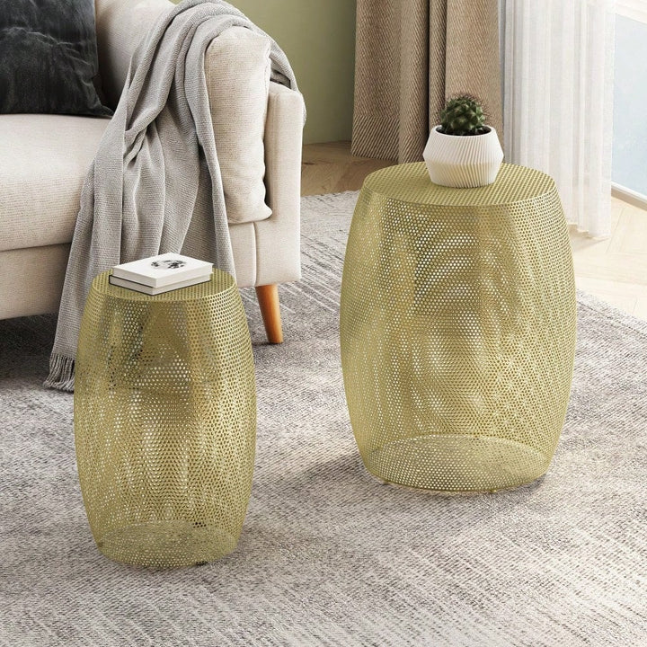 Elegant Round Hollow Metal Side Table Duo For Modern Living Spaces Image 4