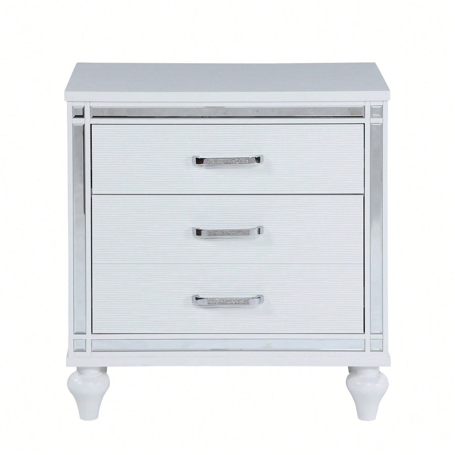 Elegant Sleek White Nightstand with Mirror Accents Stylish Two-Drawer Bedside Table with Hidden Storage and Crystal Image 1