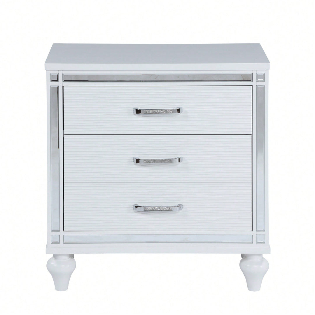 Elegant Sleek White Nightstand with Mirror Accents Stylish Two-Drawer Bedside Table with Hidden Storage and Crystal Image 1