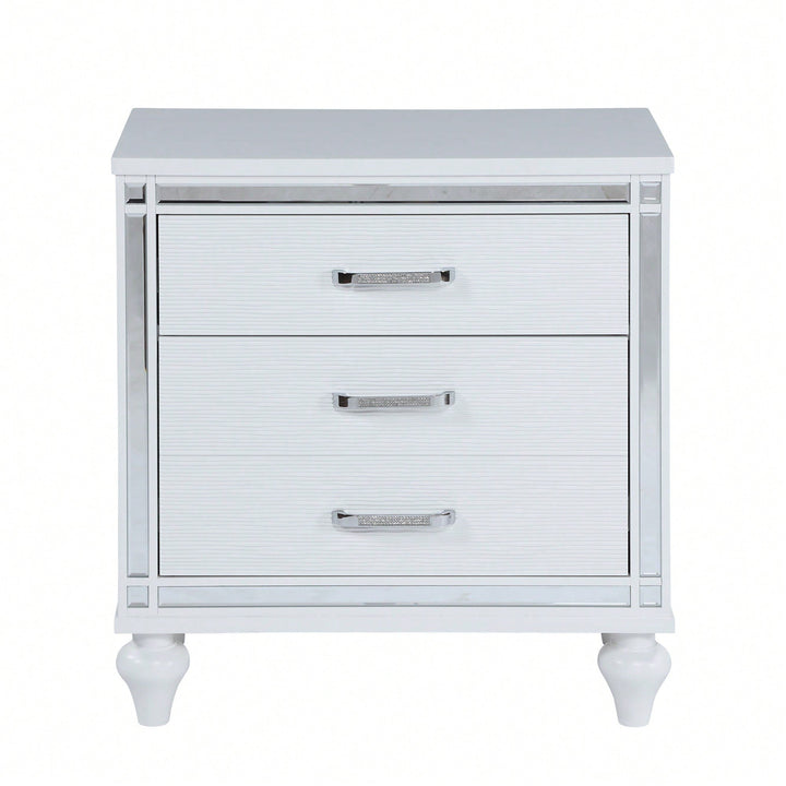 Elegant Sleek White Nightstand with Mirror Accents Stylish Two-Drawer Bedside Table with Hidden Storage and Crystal Image 1