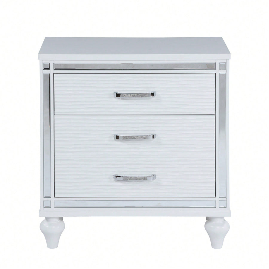 Elegant Sleek White Nightstand with Mirror Accents Stylish Two-Drawer Bedside Table with Hidden Storage and Crystal Image 1