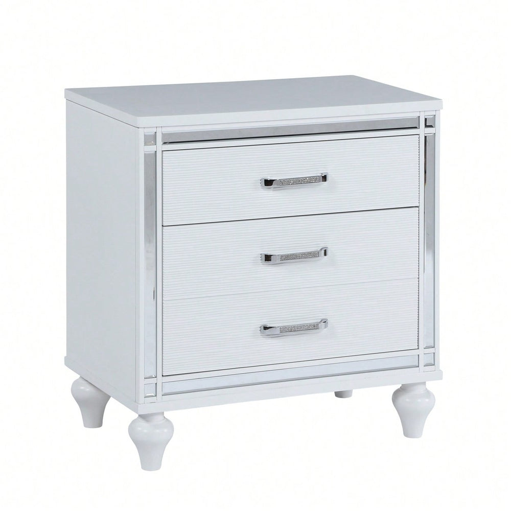 Elegant Sleek White Nightstand with Mirror Accents Stylish Two-Drawer Bedside Table with Hidden Storage and Crystal Image 2