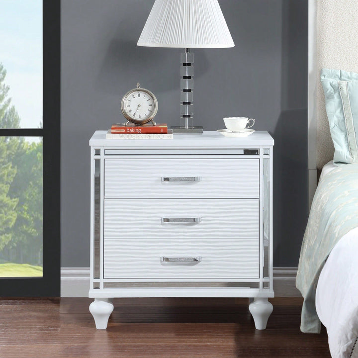 Elegant Sleek White Nightstand with Mirror Accents Stylish Two-Drawer Bedside Table with Hidden Storage and Crystal Image 3