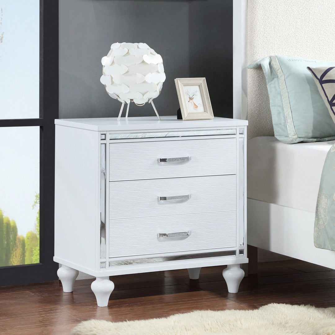 Elegant Sleek White Nightstand with Mirror Accents Stylish Two-Drawer Bedside Table with Hidden Storage and Crystal Image 4