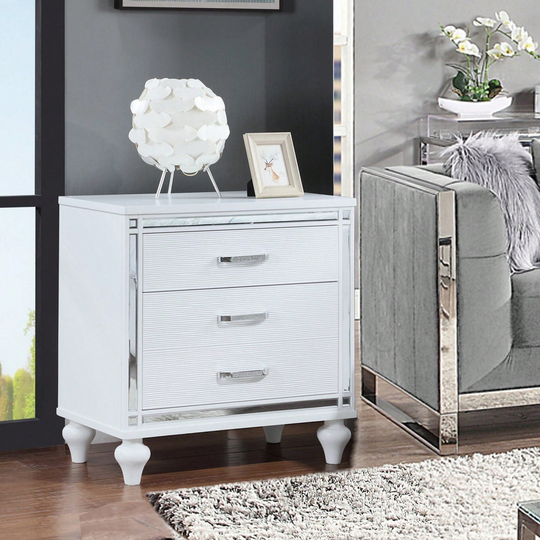 Elegant Sleek White Nightstand with Mirror Accents Stylish Two-Drawer Bedside Table with Hidden Storage and Crystal Image 6