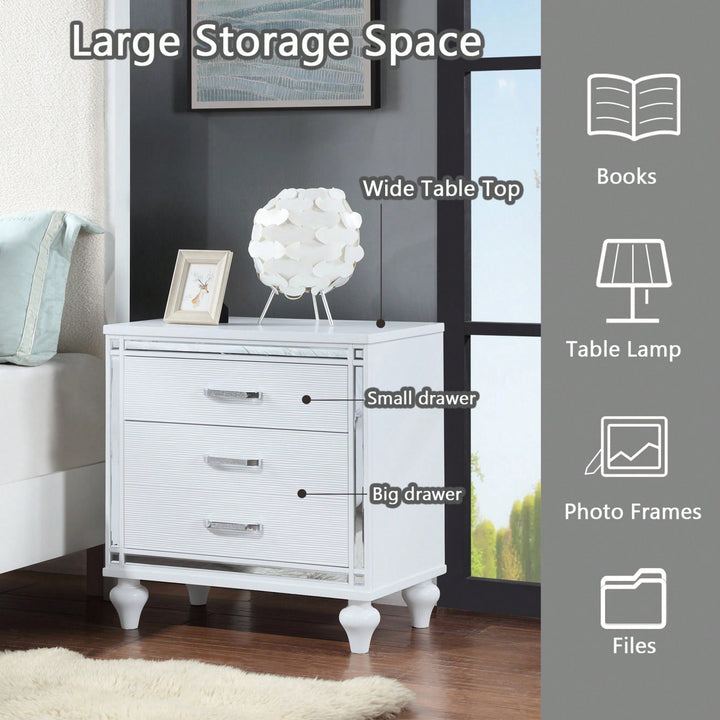 Elegant Sleek White Nightstand with Mirror Accents Stylish Two-Drawer Bedside Table with Hidden Storage and Crystal Image 8