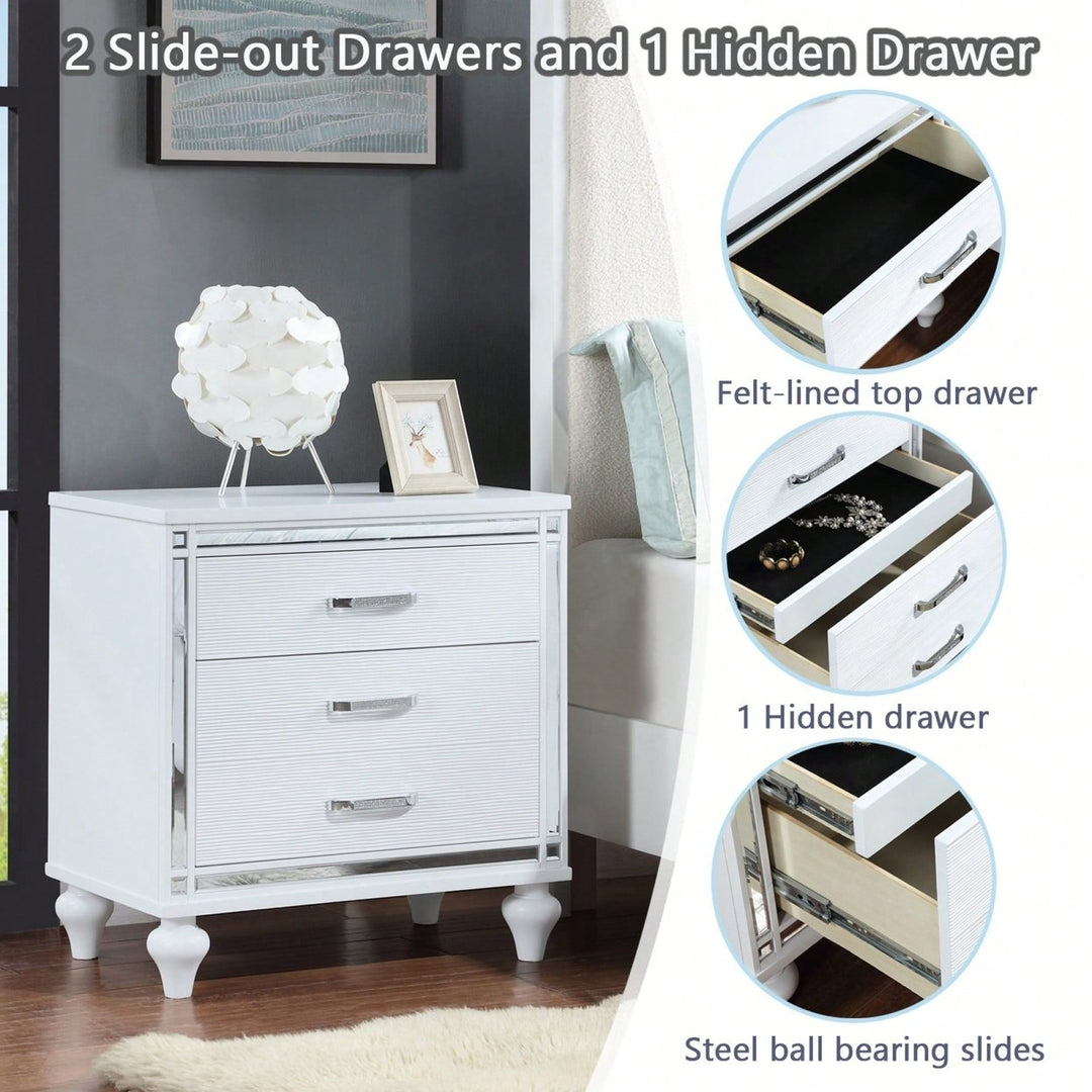 Elegant Sleek White Nightstand with Mirror Accents Stylish Two-Drawer Bedside Table with Hidden Storage and Crystal Image 9