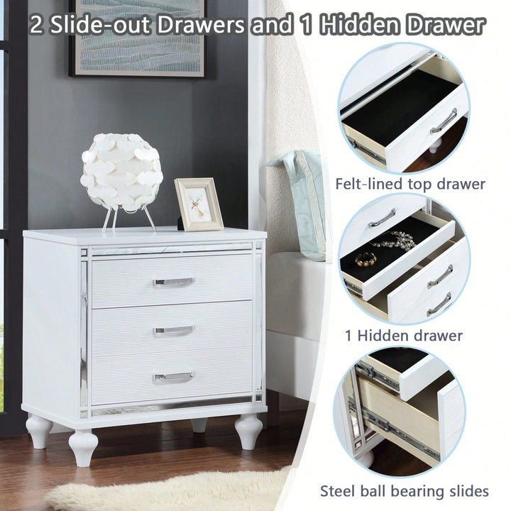 Elegant Sleek White Nightstand with Mirror Accents Stylish Two-Drawer Bedside Table with Hidden Storage and Crystal Image 9