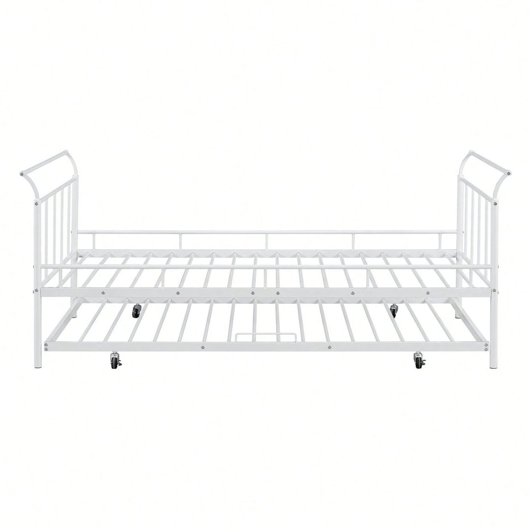 Curved Handle Design, Twin Size Trundle Bed, Durable Iron Construction, No Box Spring Needed Image 1