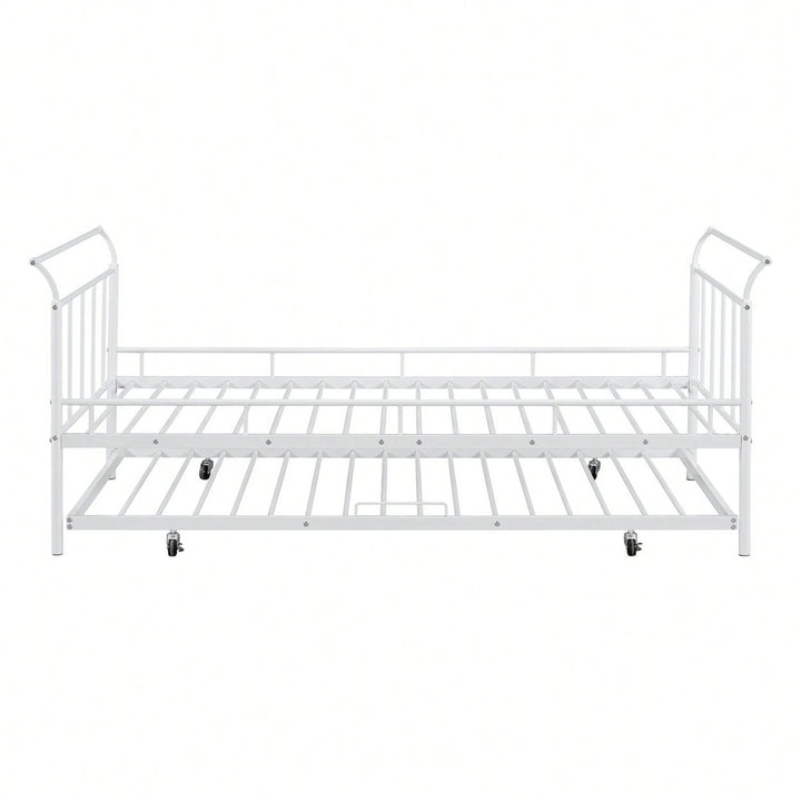 Curved Handle Design, Twin Size Trundle Bed, Durable Iron Construction, No Box Spring Needed Image 1