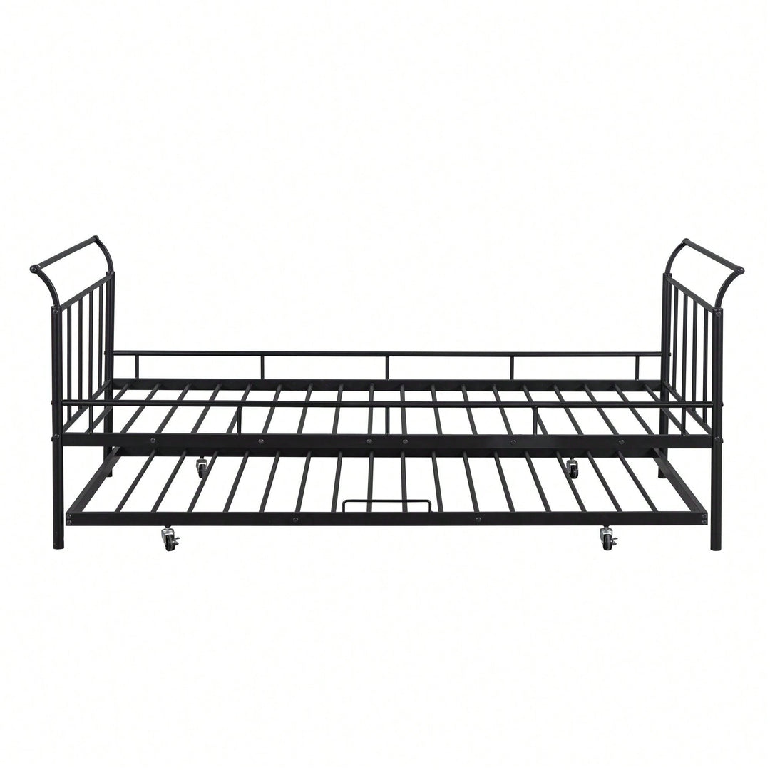 Curved Handle Design, Twin Size Trundle Bed, Durable Iron Construction, No Box Spring Needed Image 2