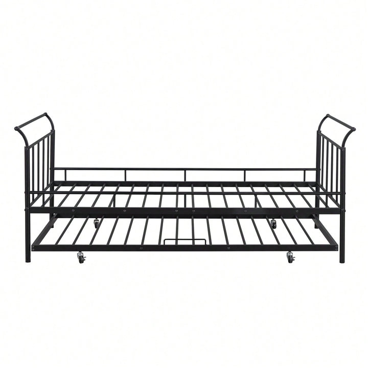 Curved Handle Design, Twin Size Trundle Bed, Durable Iron Construction, No Box Spring Needed Image 2