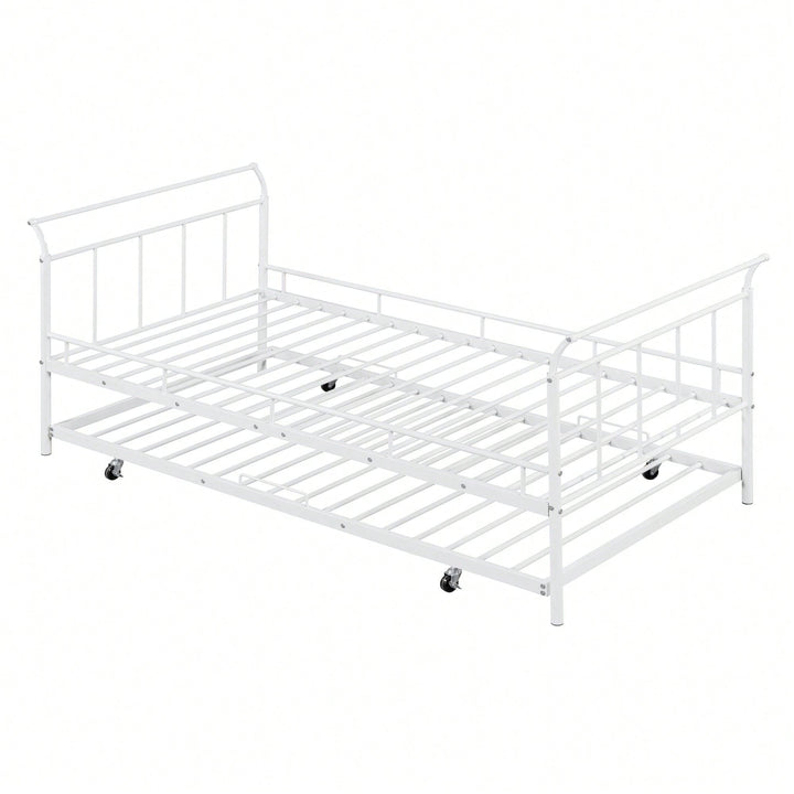 Curved Handle Design, Twin Size Trundle Bed, Durable Iron Construction, No Box Spring Needed Image 3