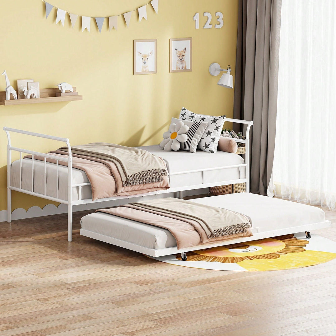 Curved Handle Design, Twin Size Trundle Bed, Durable Iron Construction, No Box Spring Needed Image 6