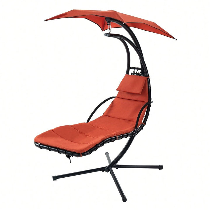 Curved Hanging Chaise Lounger with Canopy and Pillow for Patio Poolside Swing Chair Image 1