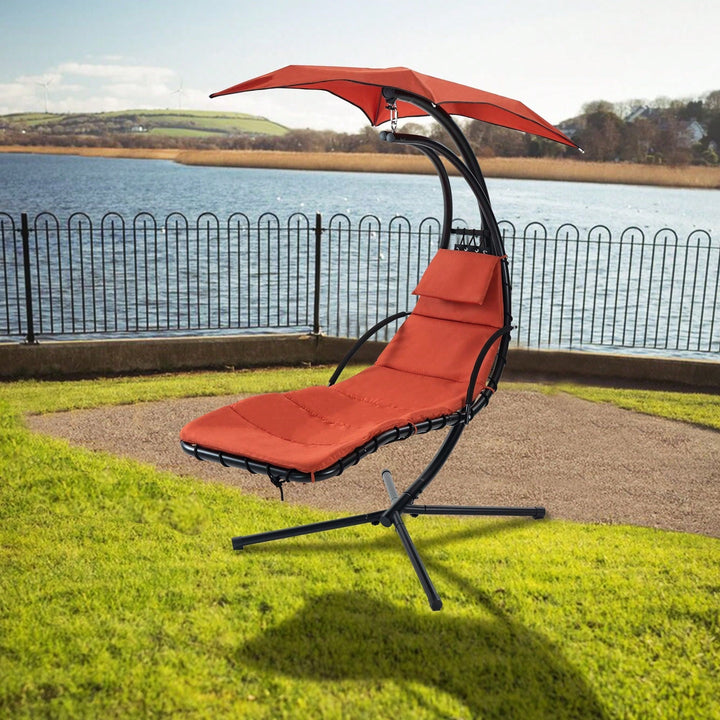 Curved Hanging Chaise Lounger with Canopy and Pillow for Patio Poolside Swing Chair Image 3