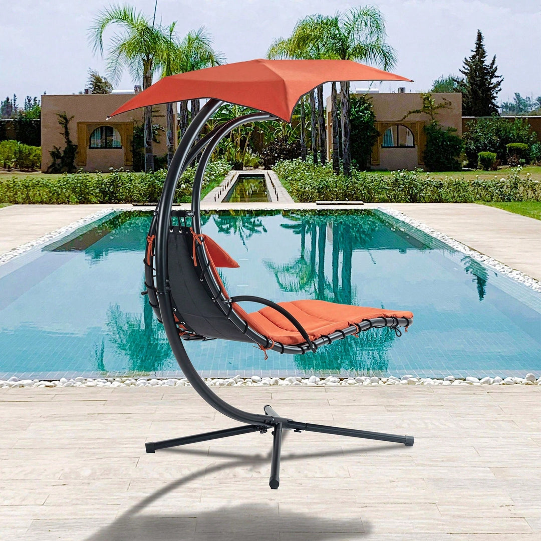 Curved Hanging Chaise Lounger with Canopy and Pillow for Patio Poolside Swing Chair Image 4