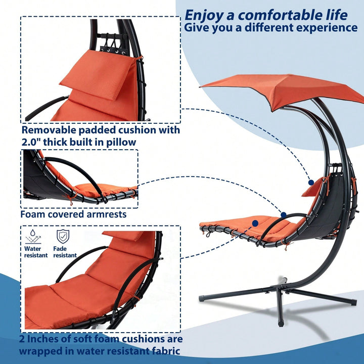 Curved Hanging Chaise Lounger with Canopy and Pillow for Patio Poolside Swing Chair Image 6