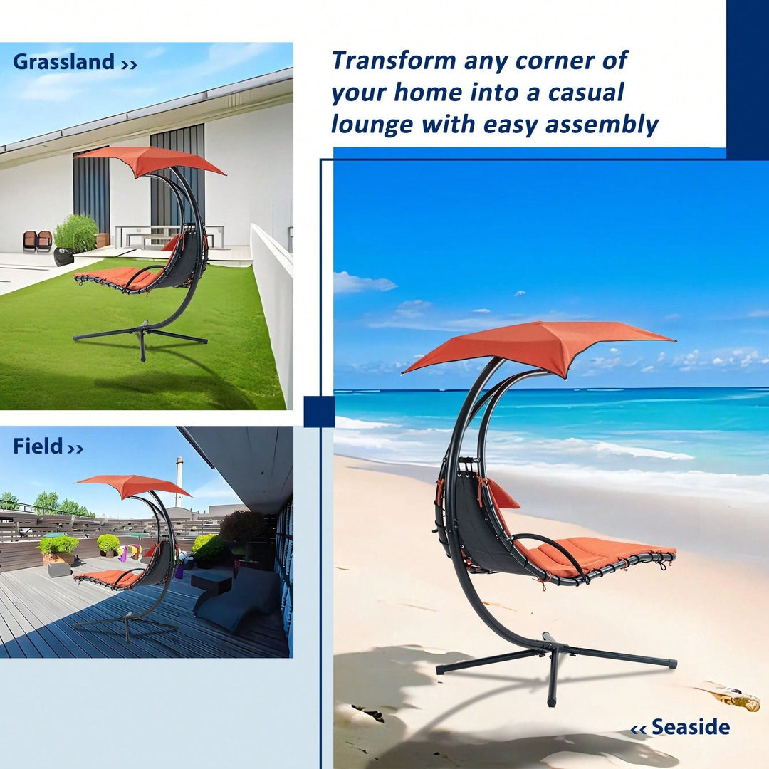 Curved Hanging Chaise Lounger with Canopy and Pillow for Patio Poolside Swing Chair Image 7