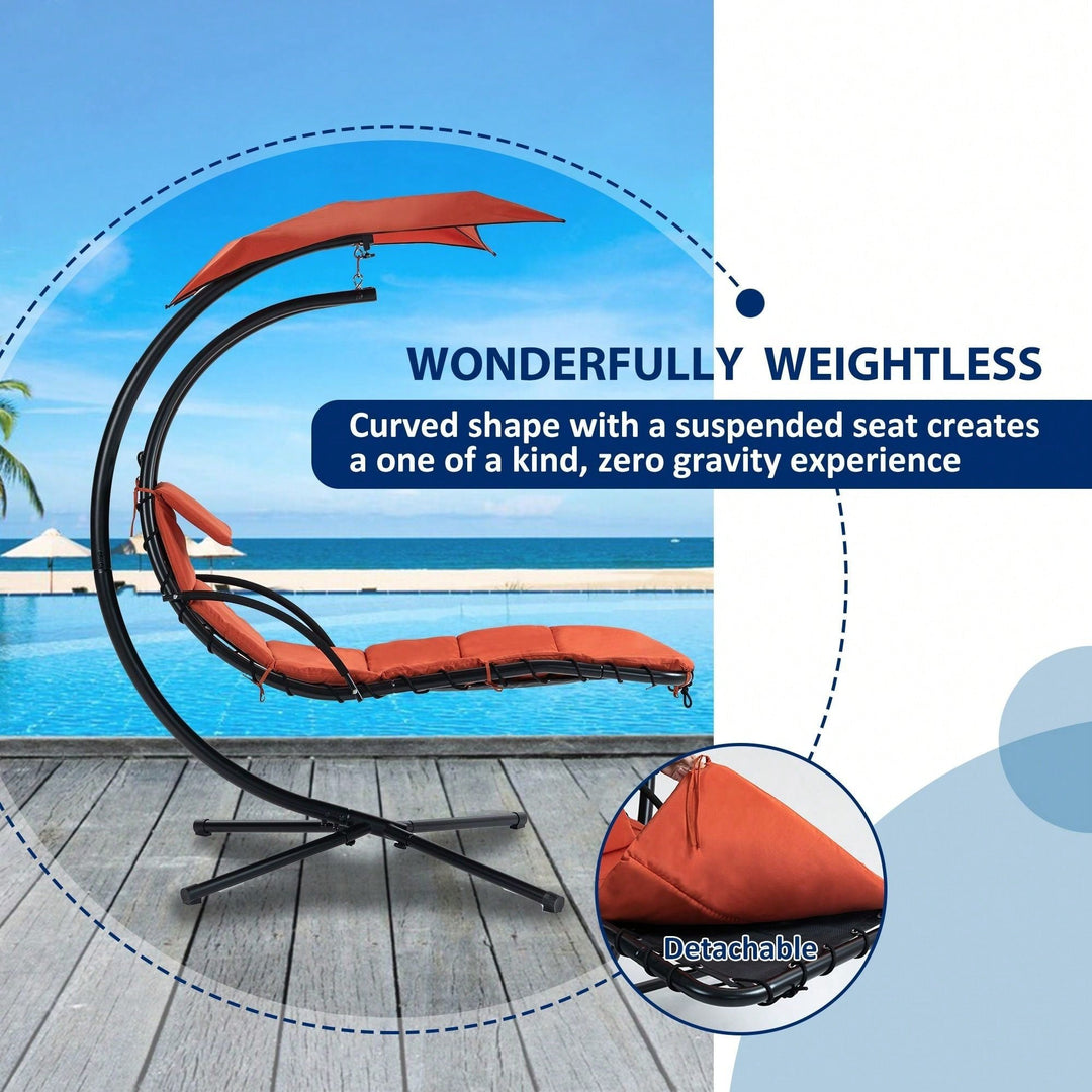 Curved Hanging Chaise Lounger with Canopy and Pillow for Patio Poolside Swing Chair Image 8