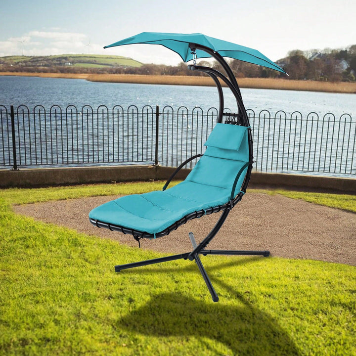 Curved Hanging Chaise Lounger with Canopy and Pillow for Patio Poolside Swing Chair Image 10