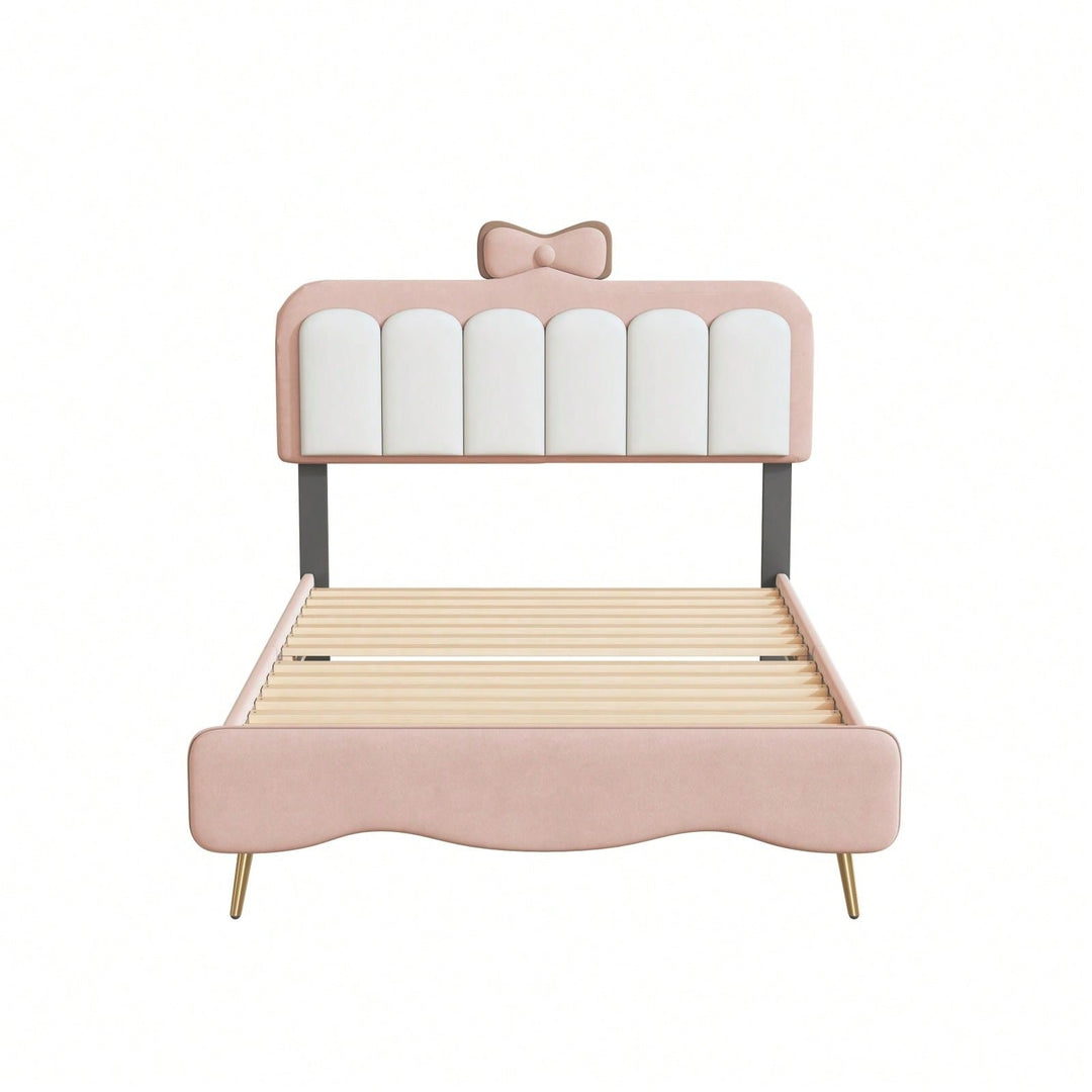 Elegant Twin Velvet Platform Bed Frame with Bow-Knot Detail and Sturdy Wood Slats in White and Pink Image 1