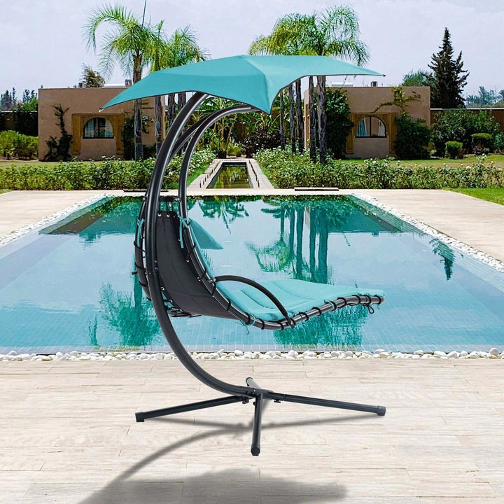 Curved Hanging Chaise Lounger with Canopy and Pillow for Patio Poolside Swing Chair Image 11