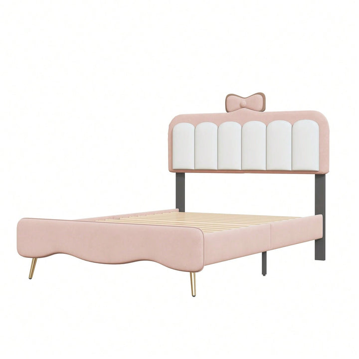 Elegant Twin Velvet Platform Bed Frame with Bow-Knot Detail and Sturdy Wood Slats in White and Pink Image 2