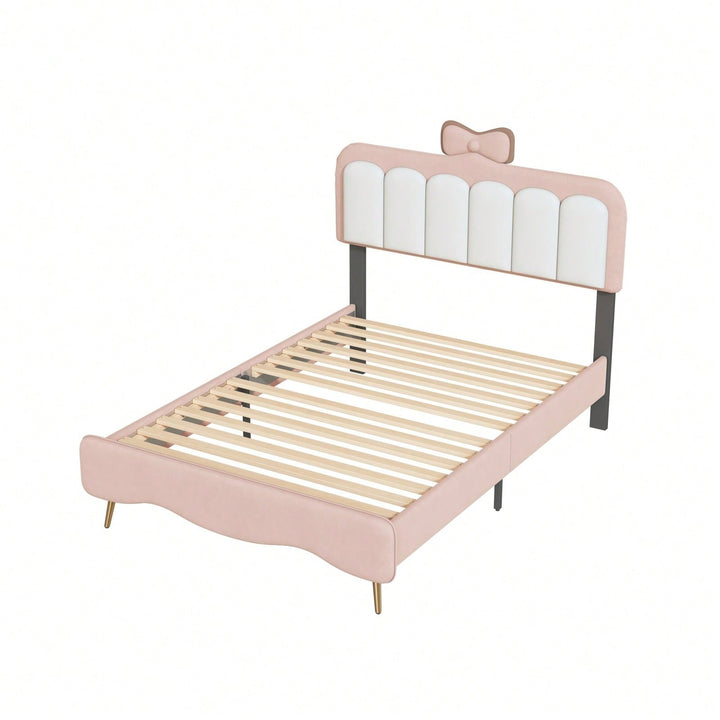 Elegant Twin Velvet Platform Bed Frame with Bow-Knot Detail and Sturdy Wood Slats in White and Pink Image 3