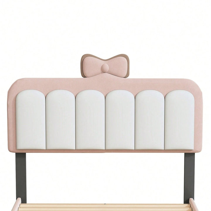 Elegant Twin Velvet Platform Bed Frame with Bow-Knot Detail and Sturdy Wood Slats in White and Pink Image 4