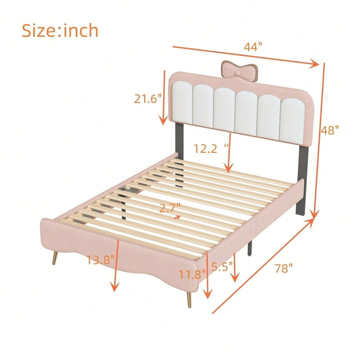 Elegant Twin Velvet Platform Bed Frame with Bow-Knot Detail and Sturdy Wood Slats in White and Pink Image 5