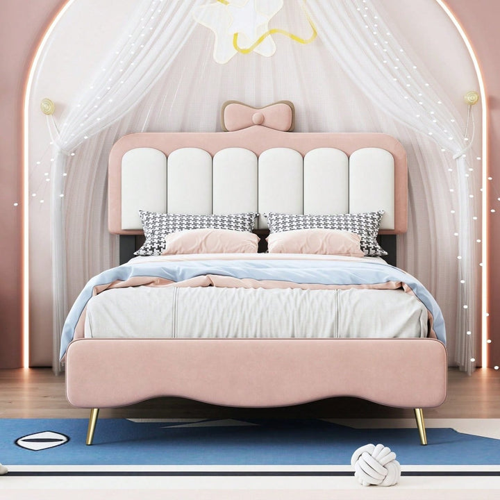 Elegant Twin Velvet Platform Bed Frame with Bow-Knot Detail and Sturdy Wood Slats in White and Pink Image 6