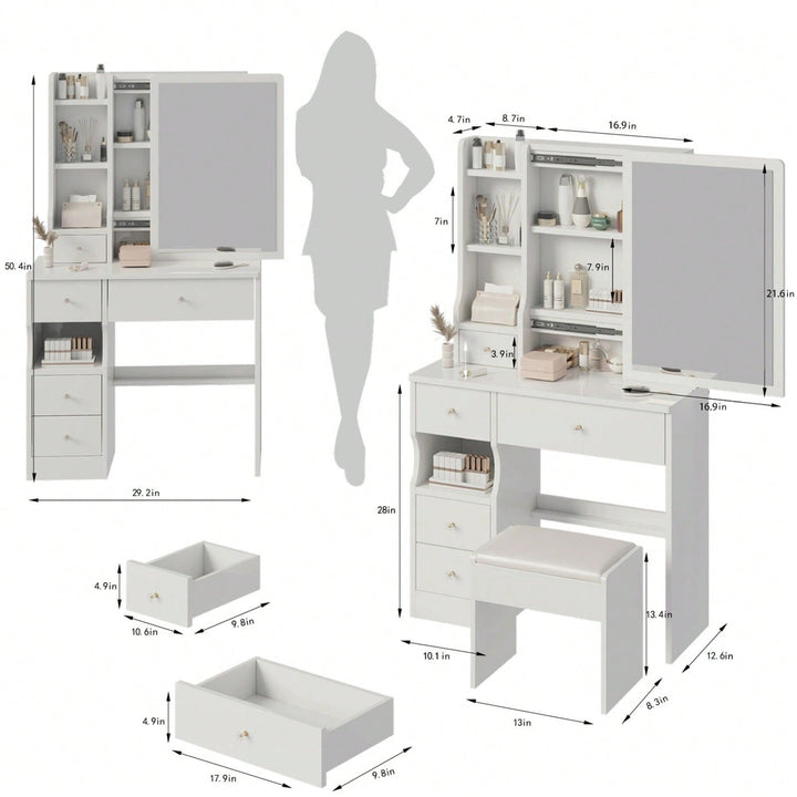 Compact Desktop Vanity Table with Cushioned Stool and Extra Large Mirror for Girls Up to 5.6ft Tall Image 6