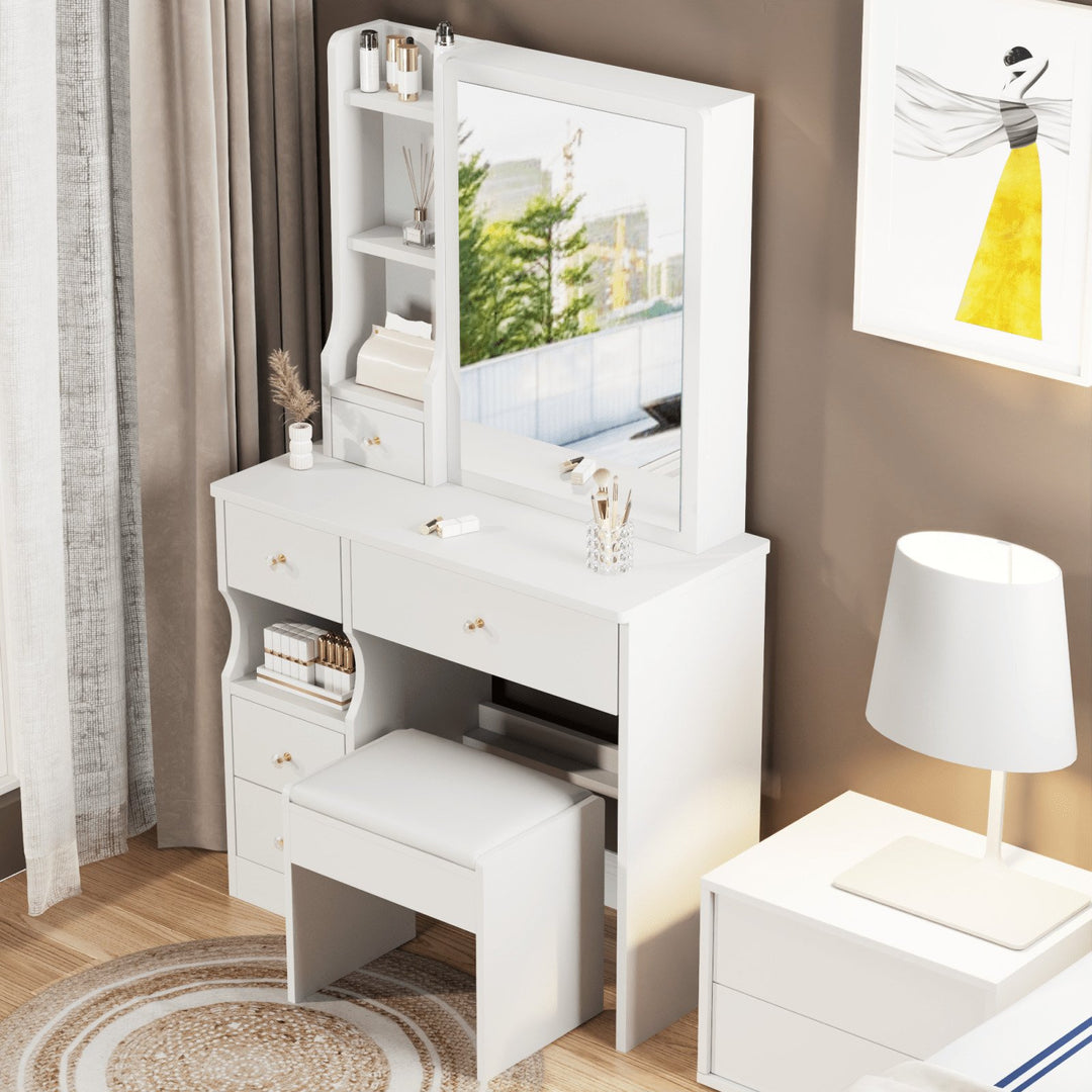 Compact Desktop Vanity Table with Cushioned Stool and Extra Large Mirror for Girls Up to 5.6ft Tall Image 7